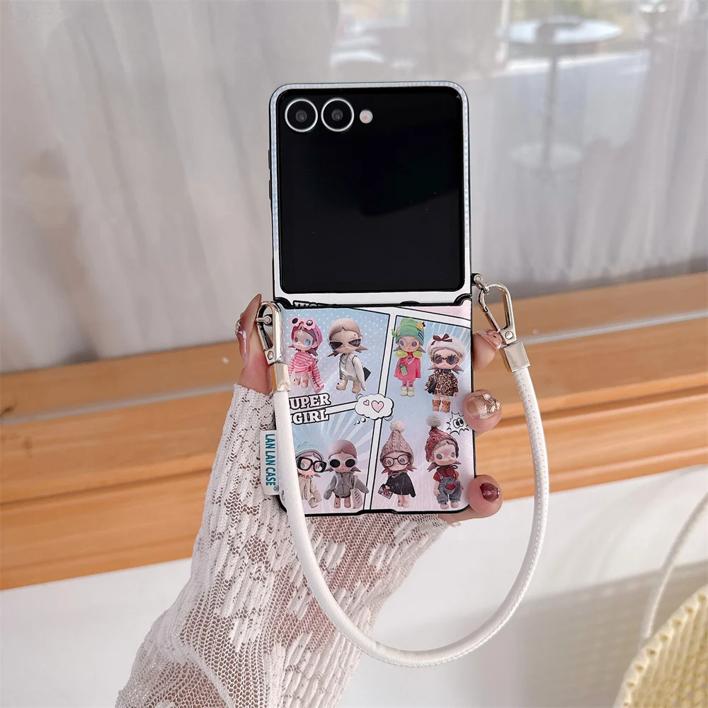 

Cute Cartoon Girl Leather Phone Case for Samsung Galaxy Z Flip5 6 7 ZFlip6 5 Z Flip7 7FE Cover With Chain Cute Shockproof Fundas
