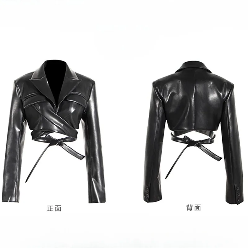 

Fashion Women's Jackets Lapel Collar Slim Cross Lace Up Long Sleeve PU Leather Short Coat Spliced Pockets Autumn New in Jackets