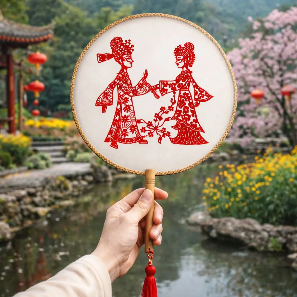 Decorative Fan Vintage Chinese Paper-cut Fan Artistic Silk Long Handled Round Hand Fan with Tassel Classical Fan Wedding Party