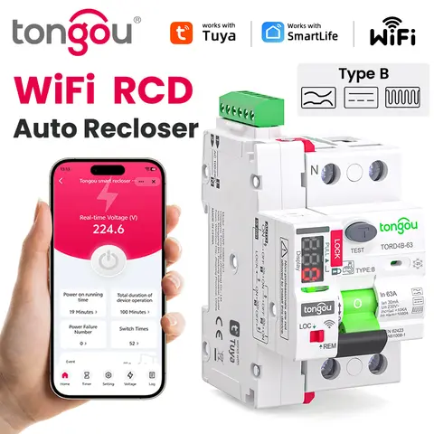 TONGOU 2P Type B RCD RCCB 63A 30mA 10KA 230V, WiFi Smart Auto Recloser with Over/Under Voltage Protection for EV Charging
