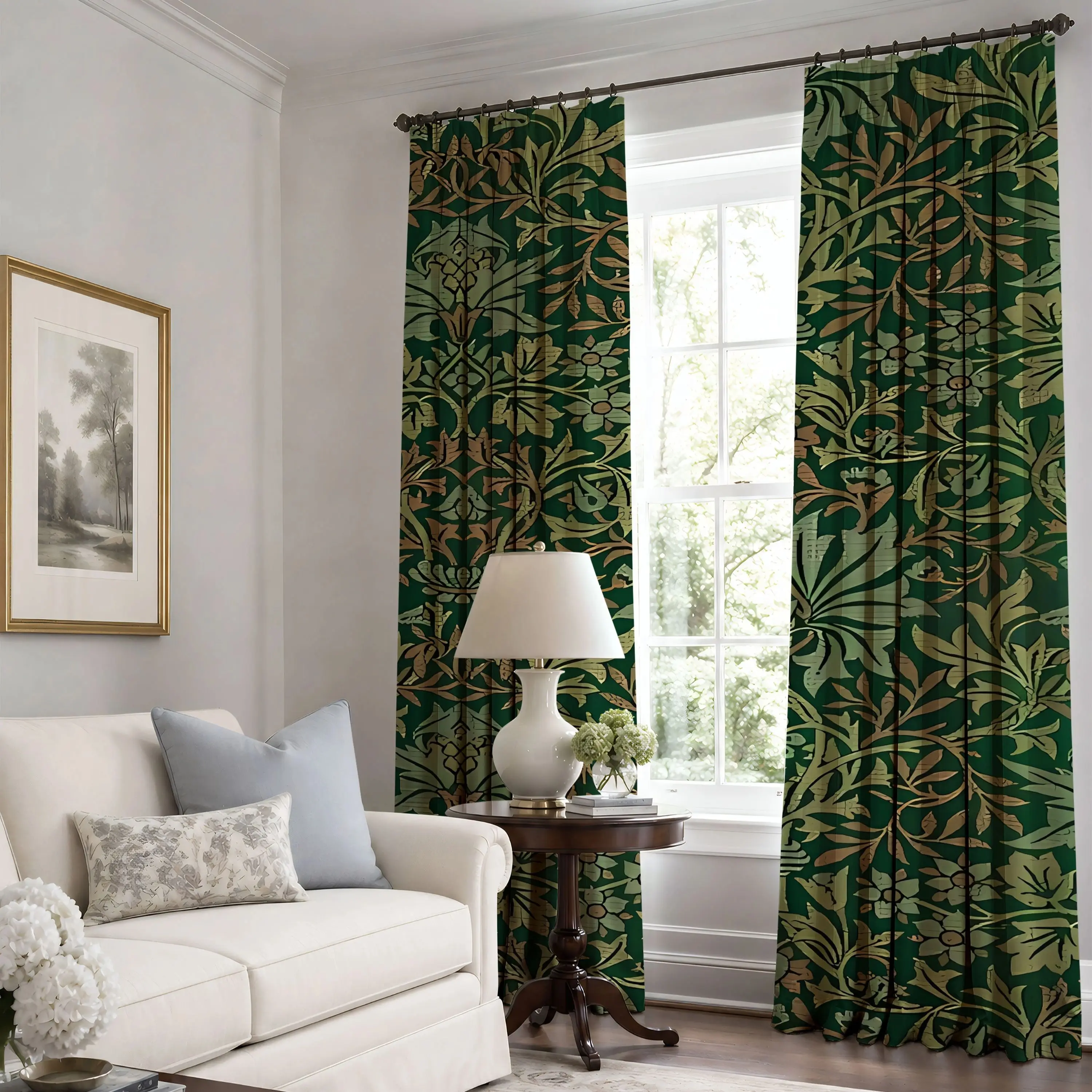 William Morris Green Blackout Grommet Curtains ,Vintage Curtain 1 Panel, Custom Window Drapes