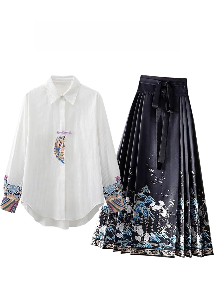 

Новое китайское женское платье Ханьфу с длинными рукавами, отложным воротником, повседневным дизайном, юбкой А-силуэта с высокой талией, в стиле традиционной культуры