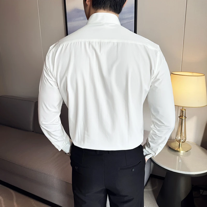 Solid color stand-up collar slim-fit men's business casual long-sleeve shirt, daily commuting men's white formal dress shirt.