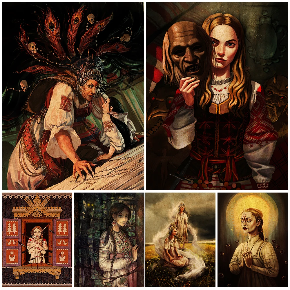 

Belarusian Witch Vintage Wall Art Canvas Painting Forest Witch And Undead Wizard In The Water Retro Poster Prints Home Decor