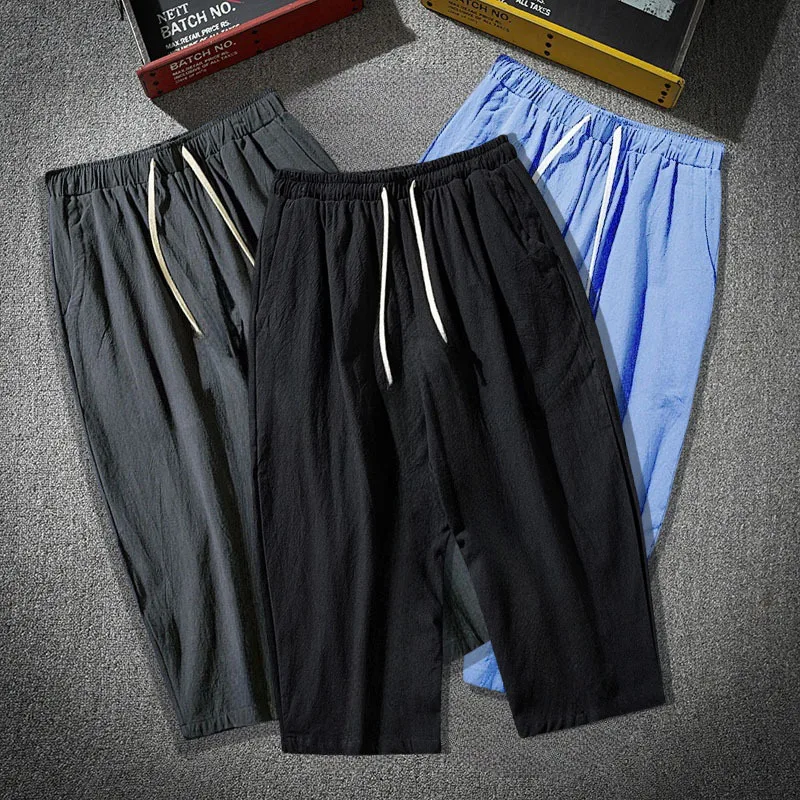 Men's pants imitation linen seven quarter pants men's summer new item solid color loose fitness bag street wear plus size M-5XL