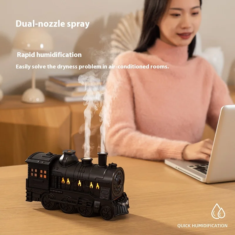 

USB-Powered Small Train Aromatherapy Humidifier Double Spout Super Large Mist, Global Compatibility (Retro Desktop)