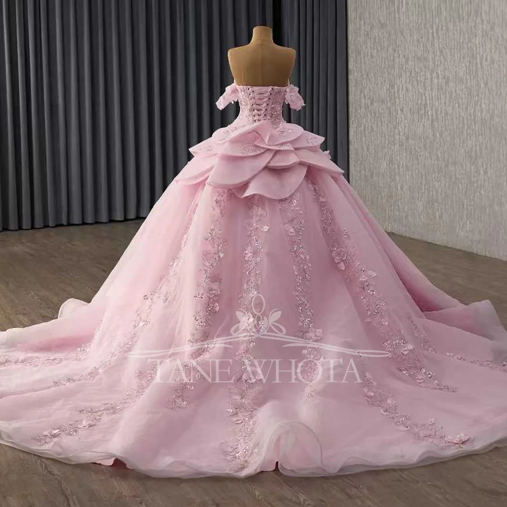 Pink Sweetheart Off The Shoulder Quinceanera Dress With Lace-Up Back Appliques Beading Sequined Vestido De 15