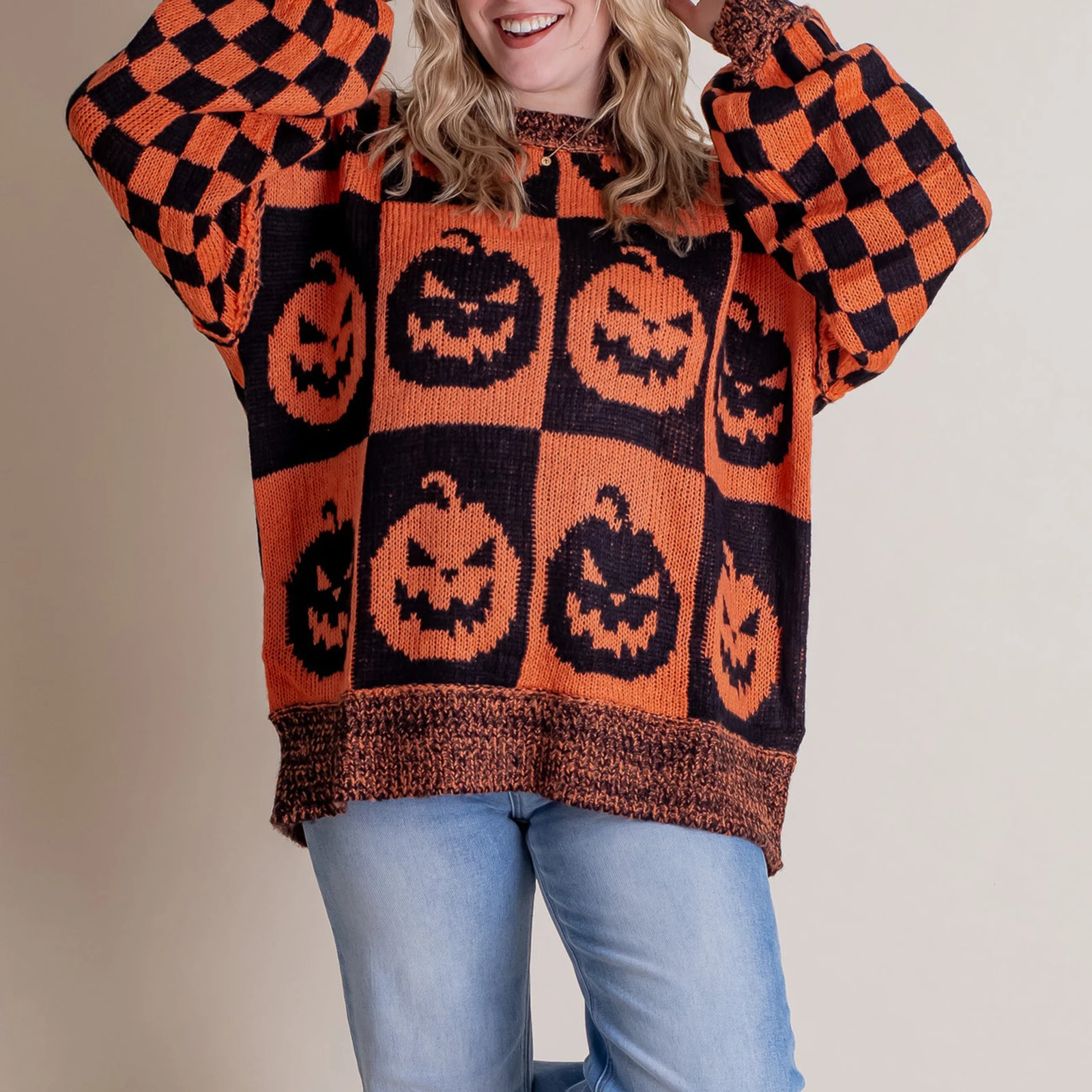 Women's Halloween/Christmas Round Neck Long Sleeve Sweaters Aesthetic Gingerbread Man Print Knit Loose Pullovers Tops