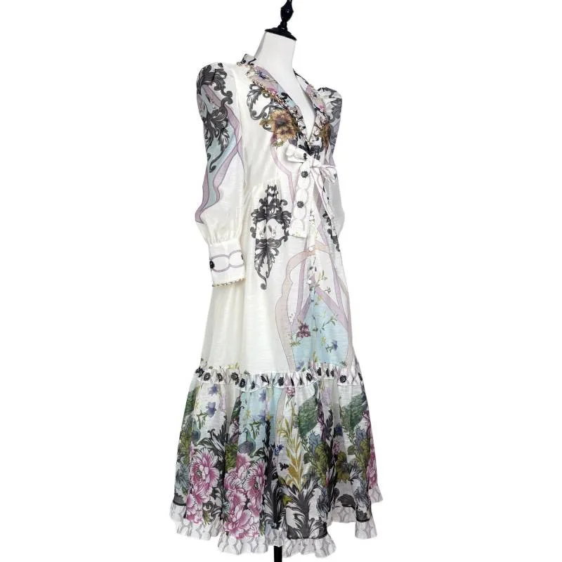 Olśniewający garnitur w kwiatowy wzór z kołnierzykiem, długa spódnica maxi, zdobiona koronką midi, elegancka sukienka Vaion, długa, cienka tkanina.