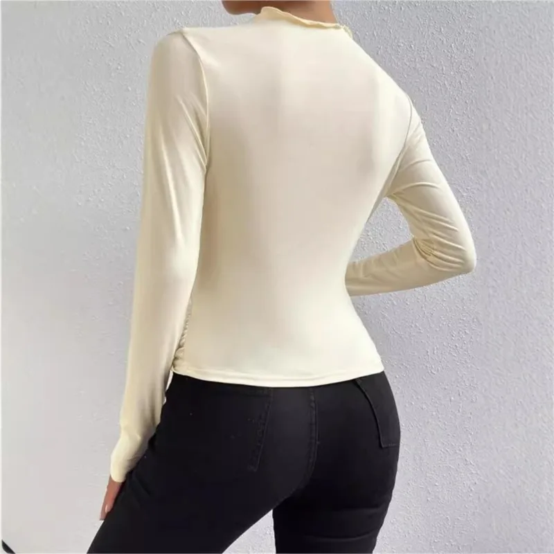 เสื้อยืดพลีทลำลองสำหรับผู้หญิง แฟชั่นทันสมัย แขนยาว แต่งระบาย เสื้อครอป สตรีทแวร์