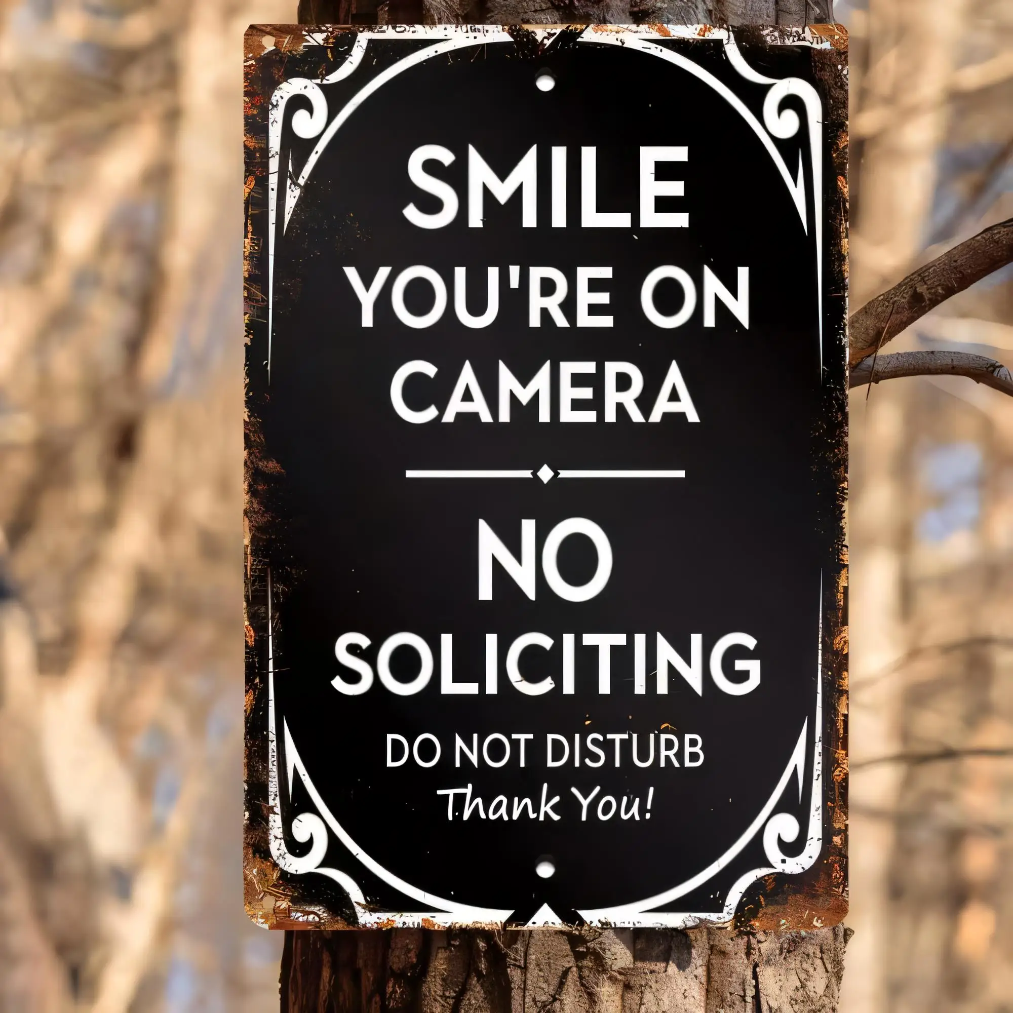 Tin Sign “Smile You’re On Camera” No Soliciting Do Not Disturb Thank You Funny Security Wall Decor, Vintage Rusty Metal Plaque f