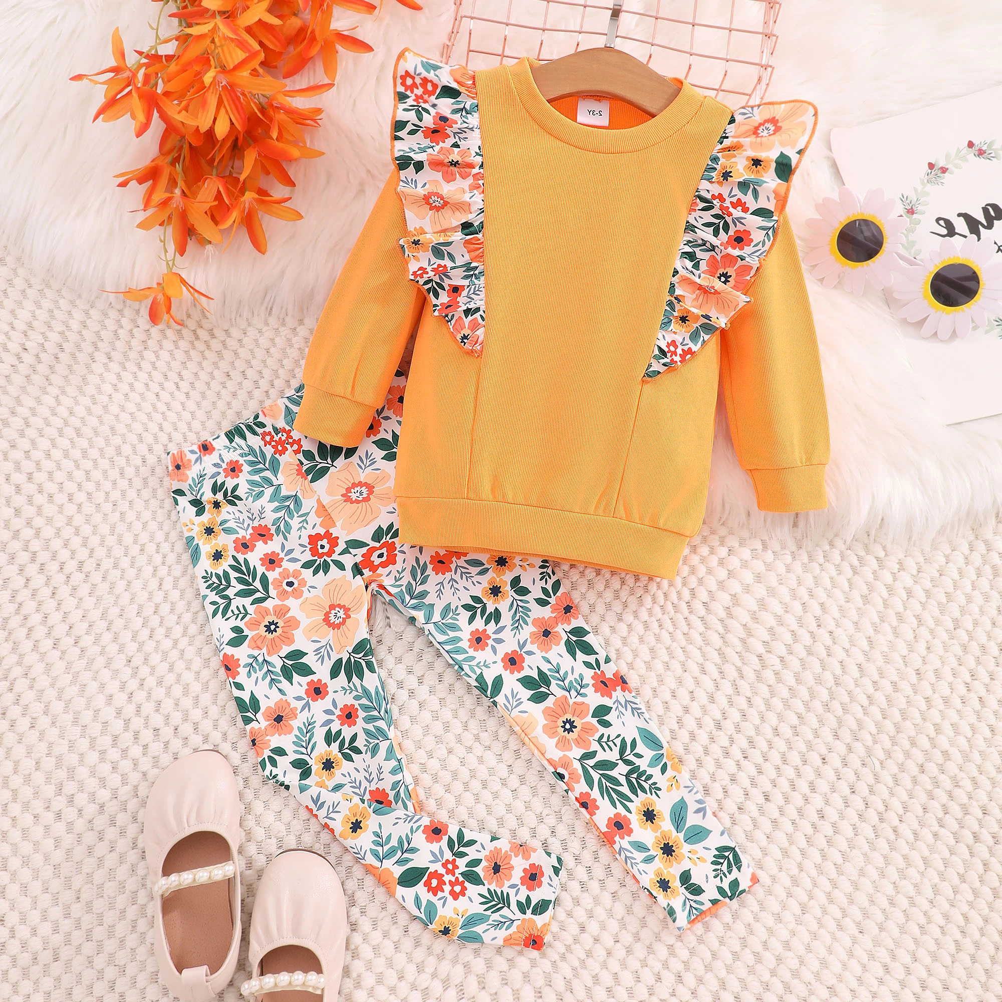 2024 Kids Girls Clothing Set Autumn Winter 2 Pcs Set Casual Long Sleeve Round Neck Girls Outfits Ruffle Children Suit 3-7 Years