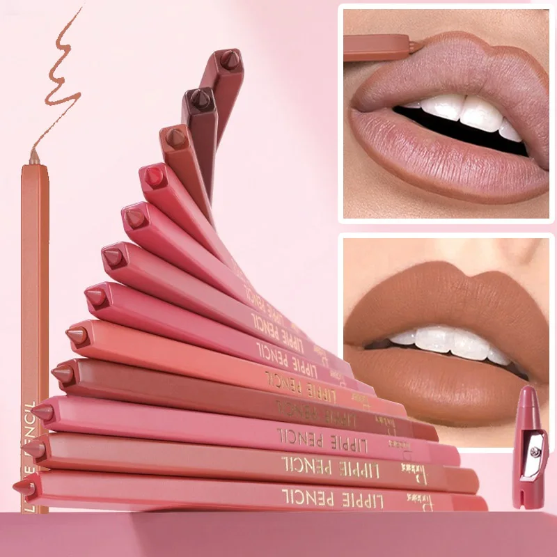 12 Color Matte Lip Liner Pencil Velvet Lipstick Pen Red Nude Contour Tint Long Lasting Waterproof Plump Lipliner with Sharpener