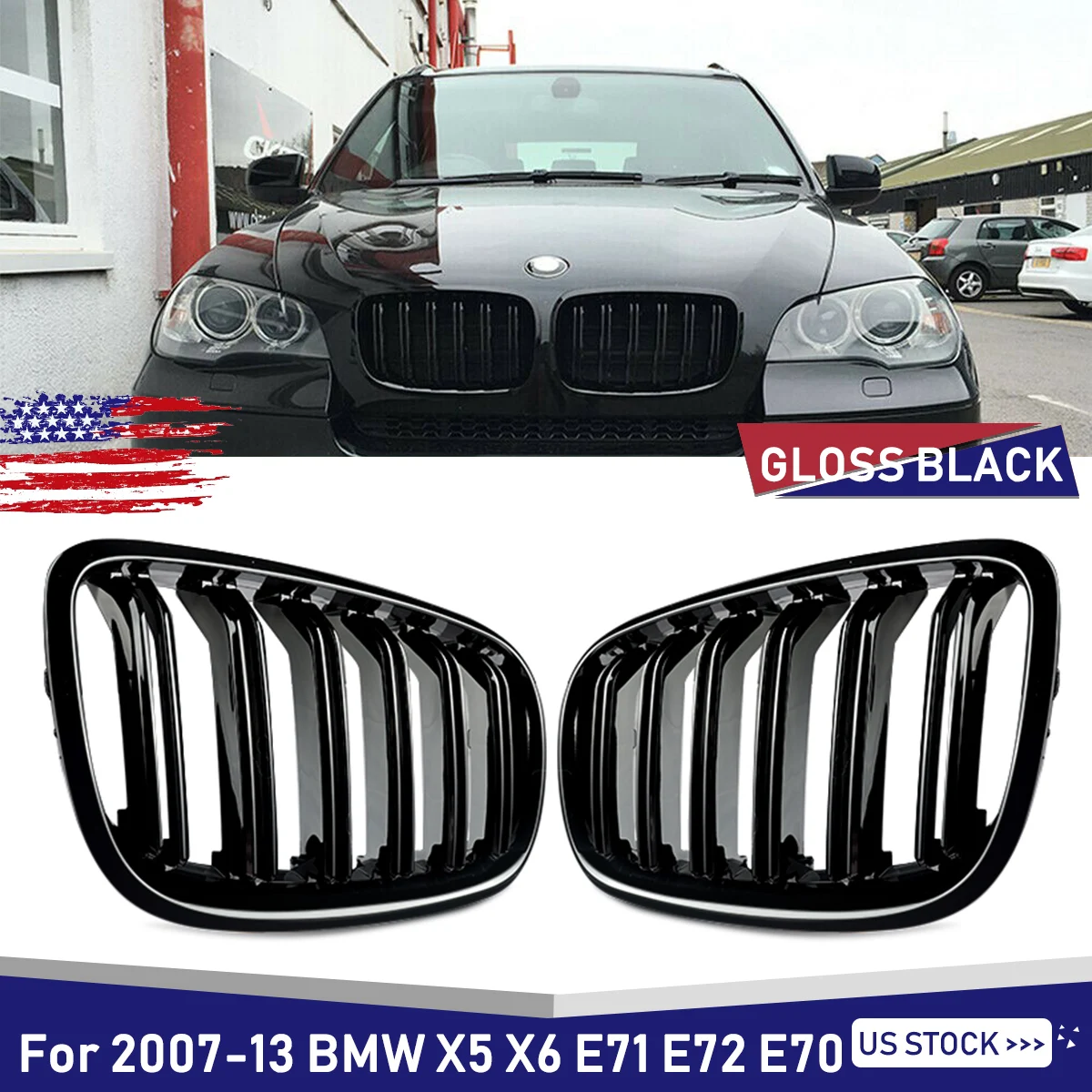 

MagicKit For BMW E70 E71 E72 X5 X6 2007-2013 Gloss Black Grille Grill Front Kidney 2 Line Double Slat Gloss Black+Double Line