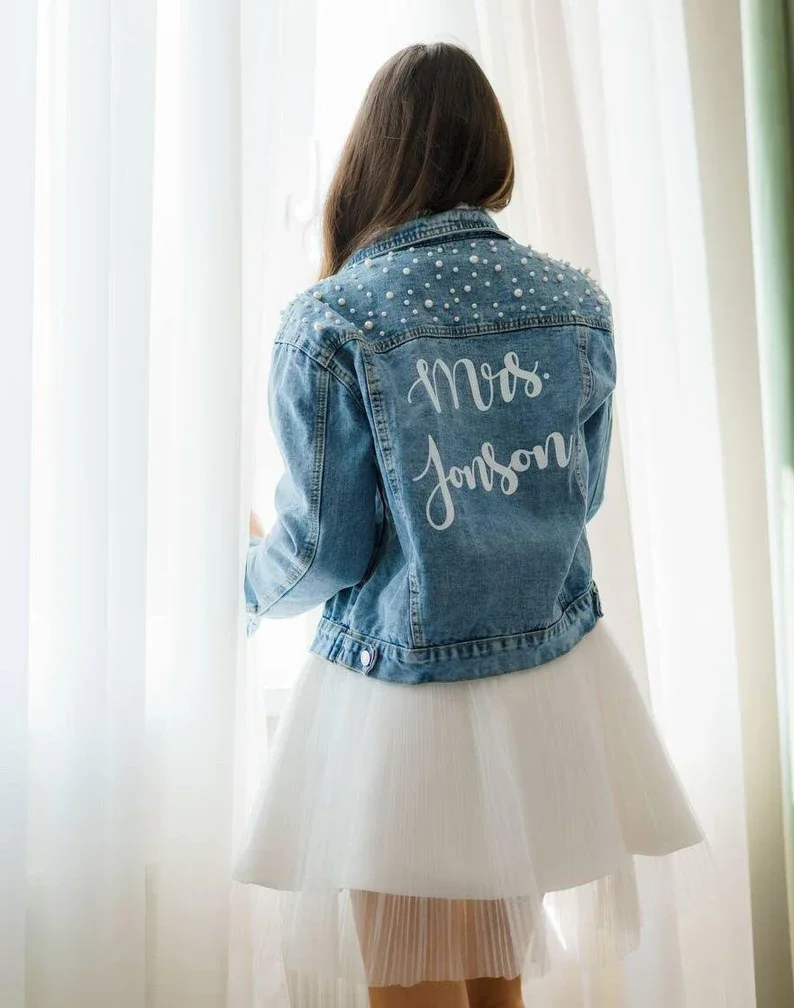 Custom Bridal Denim Jacket with Future Mrs Jacket Wedding jacket Personalized Pearl Denim Jacket Bride Jacket Bridal Shower