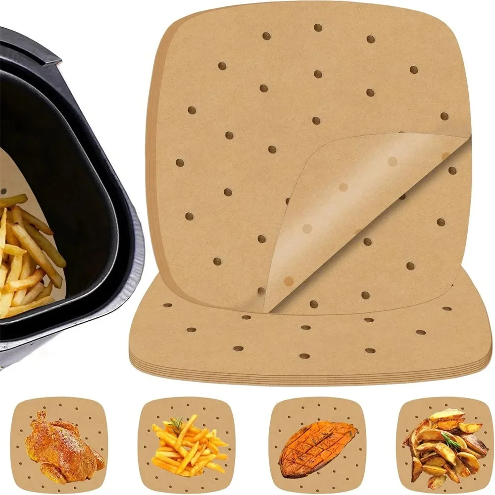 100 Stück/Set Einweg-Backpapier für Heißluftfritteusen, 3 Größen, Premium Perforierte Einlagen für Heißluftfritteusen und Dampfgarer