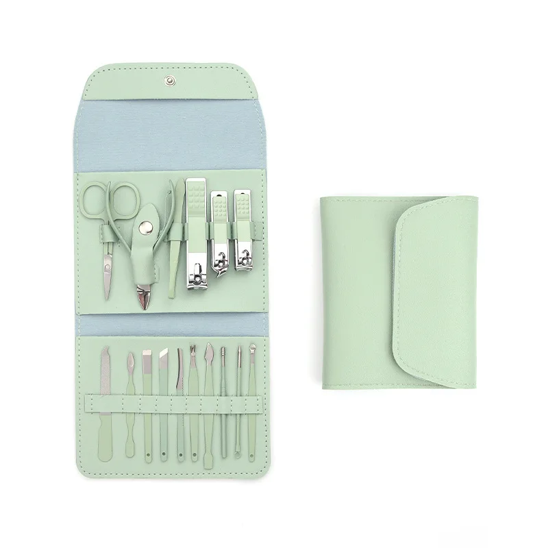 16-Piece Set Nail Clippers Green Tea Foldable Bag Nail Scissors Manicure Eyebrow Trimming Tool Set Nail Care Kit