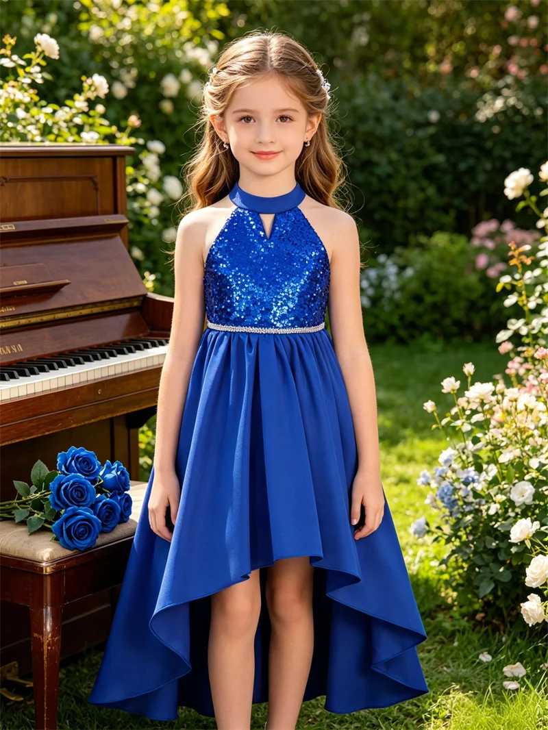 Girls Performance Dresses Children Princess Halter Neck Top Sequins Birthday Party Evening Banquet Gown Kids Trend Skirt