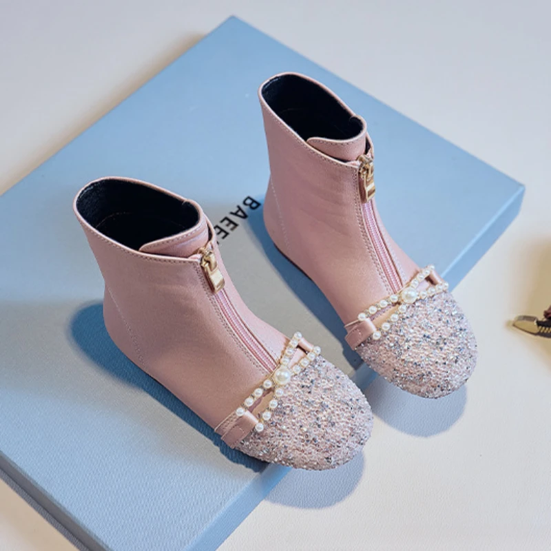 2023 New Children Princess Leather Boots Fashion Rhinestone Pearl Kids Shoes Boots for Girl Autumn Winter Elegant Toddlers Boots