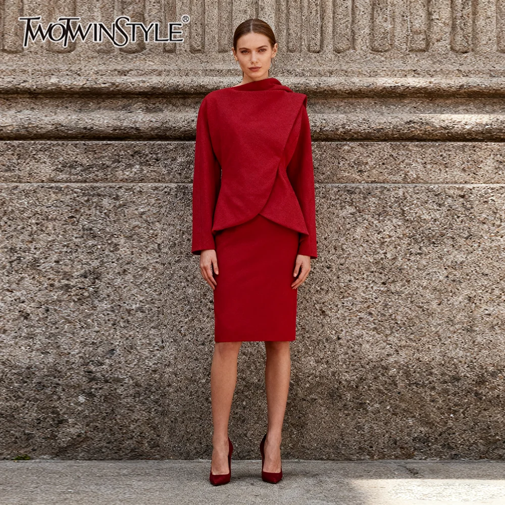 

TWOTWINSTYLE Solid Slimming Two Piece Sets for Women O Neck Long Sleeves Tunic Spliced Ribbon Top High Waist Skirt Set Female