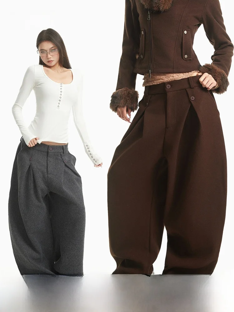 

CCUP SPACE Vintage Brown Wide Leg Casual Suit Pants Women's Autumn Winter Dra Floor-Length Knife-ape Trousers