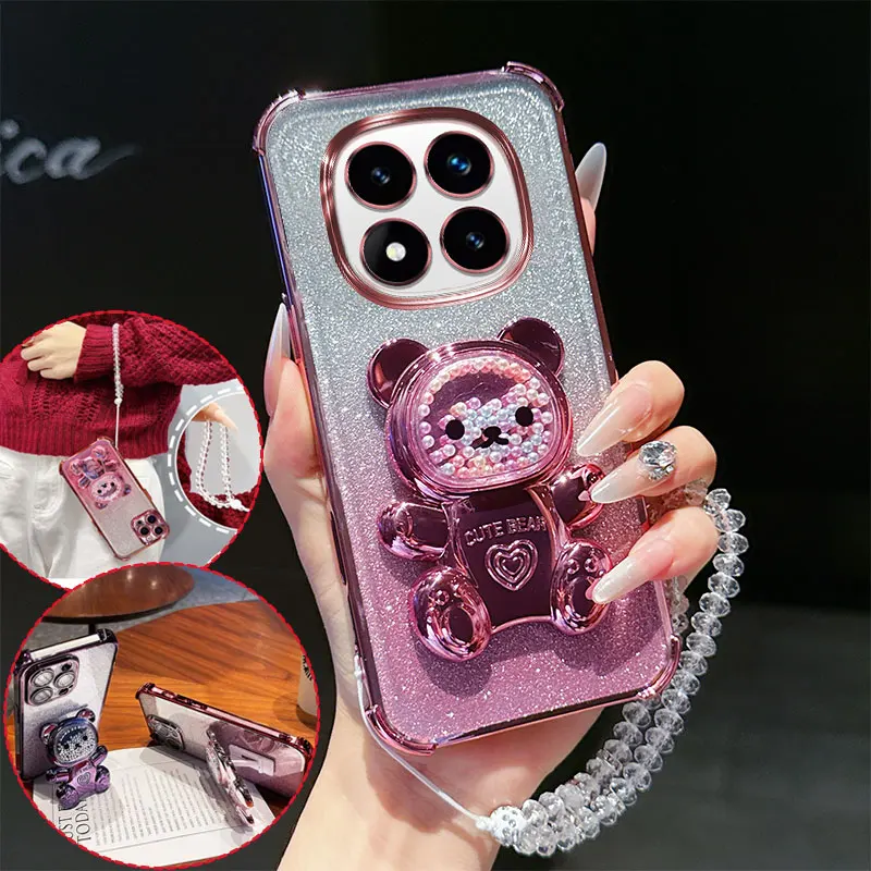 4-Ecken-Stoßfeste Handyhülle mit 3D-Bärenständer, Kristallketten-Lanyard und Glitzer für Xiaomi Poco X7 X6 X5 X4 X3 Pro GT Rückseite