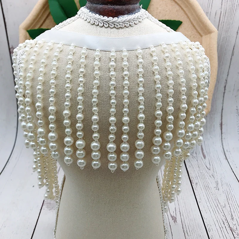 45cm Long White Polyester Pearls Webbing Beaded Fringe Lace Tape Edging Trim Wedding Dress Headwear DIY Tassel Sewing Decor