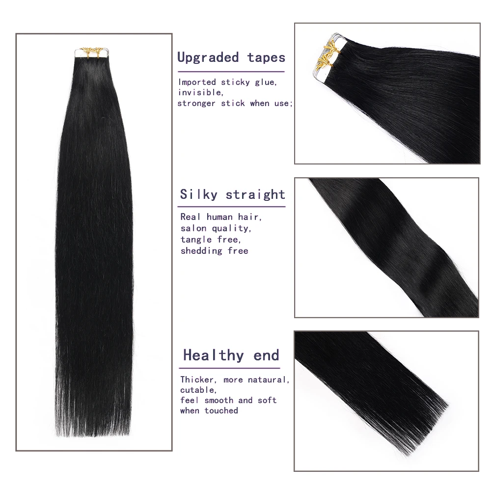 Tape in Hair Extensions Natural Black 100% Remy Real Human Hair 24 Inch 20pcs 50g/pack Straight Seamless Skin Weft Women Hair