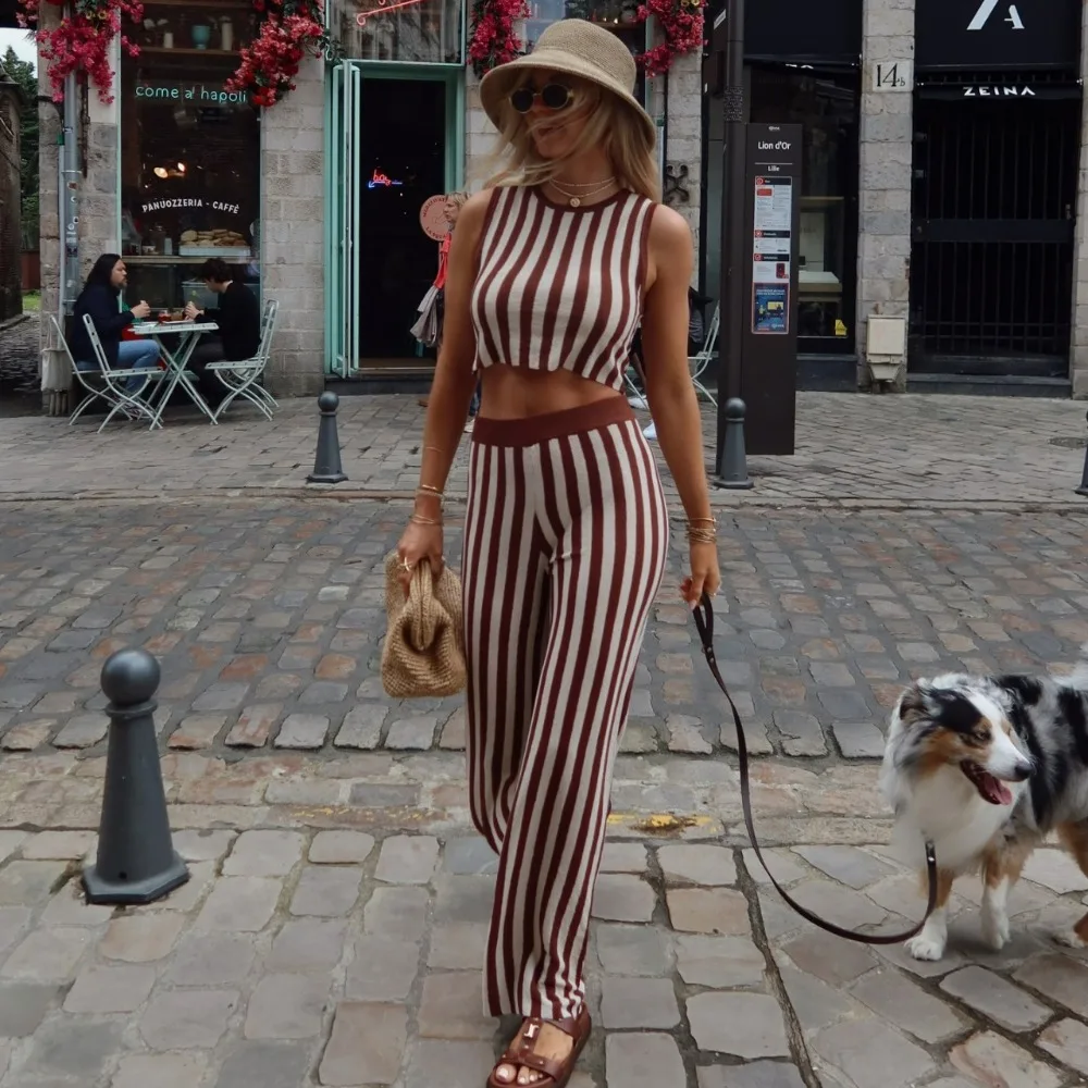 Knitted Pant Sets Women Fashion Striped Crop Top and Long Pant Outfits Summer Elegant Casual Beach Holiday Two Piece Set 2024