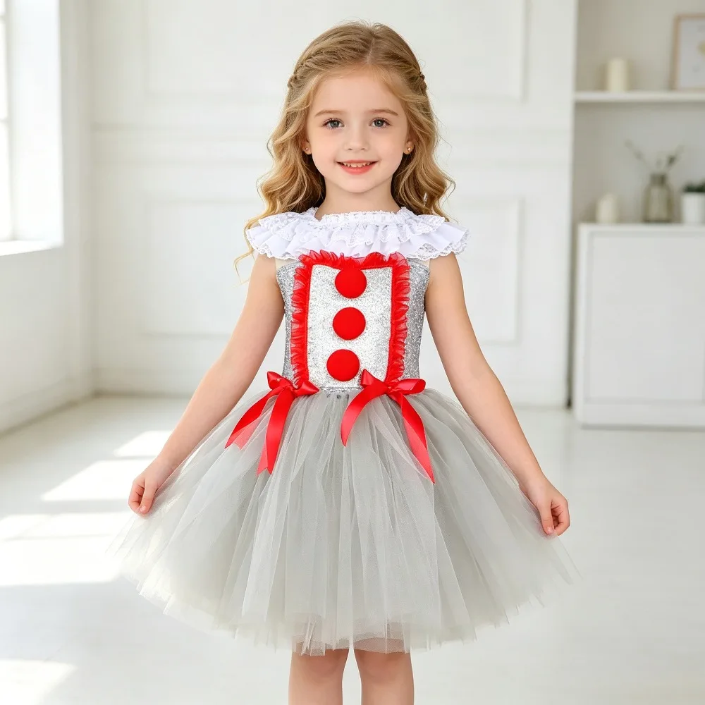 

Tutu Dress Set Toddler Fancy Carnival Party Gray Joker Dress Up Clothes Creepy Clown Pennywise Costume for Girls Halloween