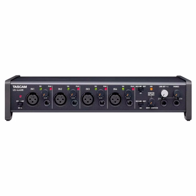 Tascam us-4x4 HR Professional USB audio/MIDI interface with 4 mic/line inputs and a USB-C port for multi-track recording