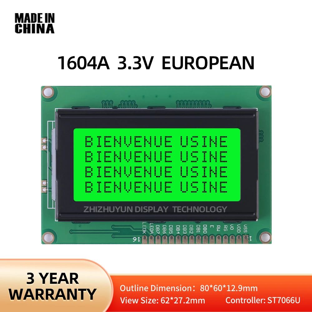 1604A 3.3V European Character LCD Module Display Green Light Industrial Computer LCM Display