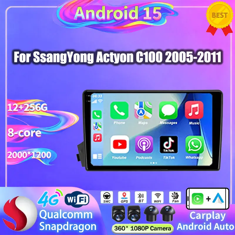 Android 15 For SsangYong Kyron Actyon C100 2005 2006 2007 - 2011 2K QLED Stereo Car Radio Multimedia Video Player GPS 4G CarPlay