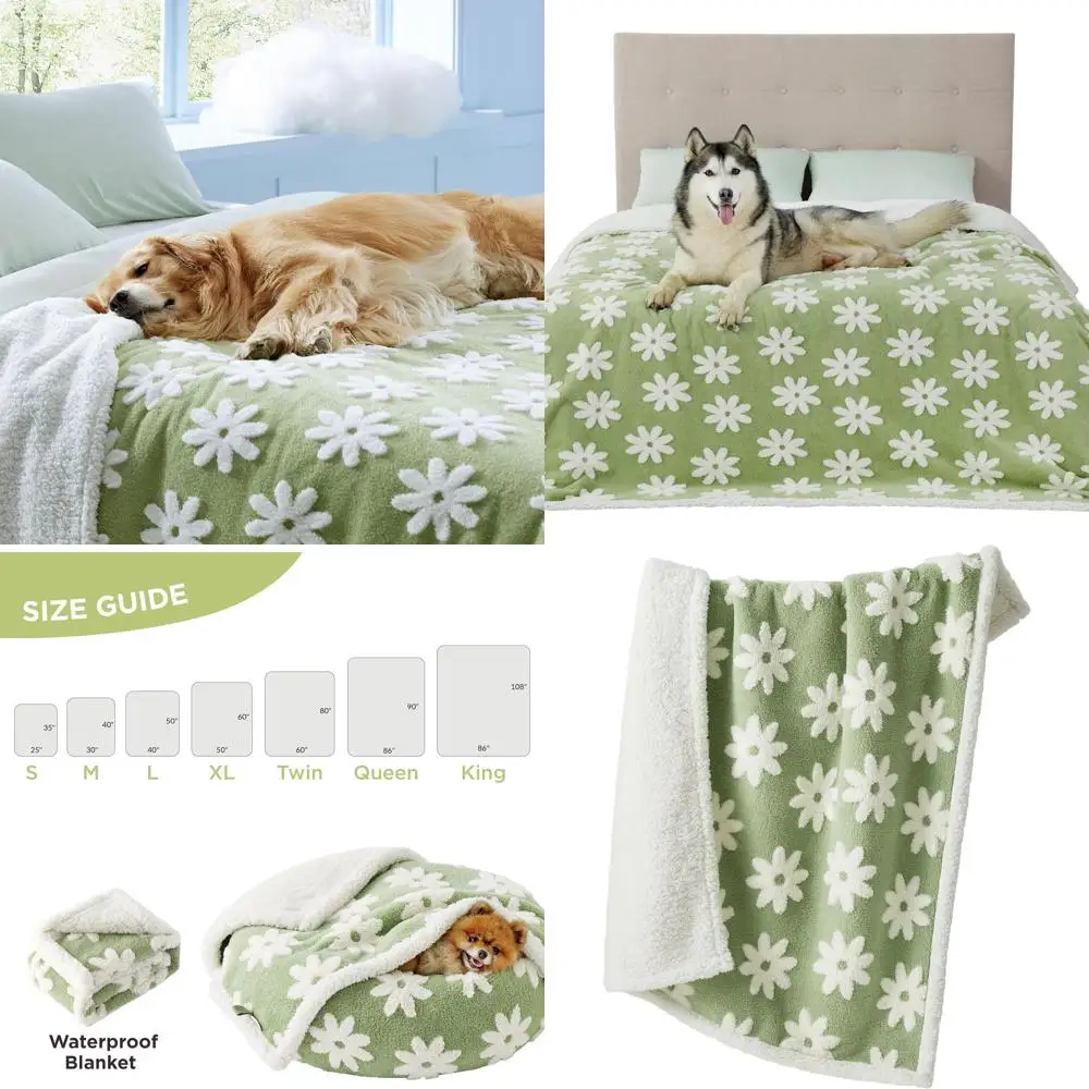 

Large Dog Washable Blanket - Double-Sided with Warm Jacquard Shag and Soft Sherpa Fleece, 3D Textured Flower, Green