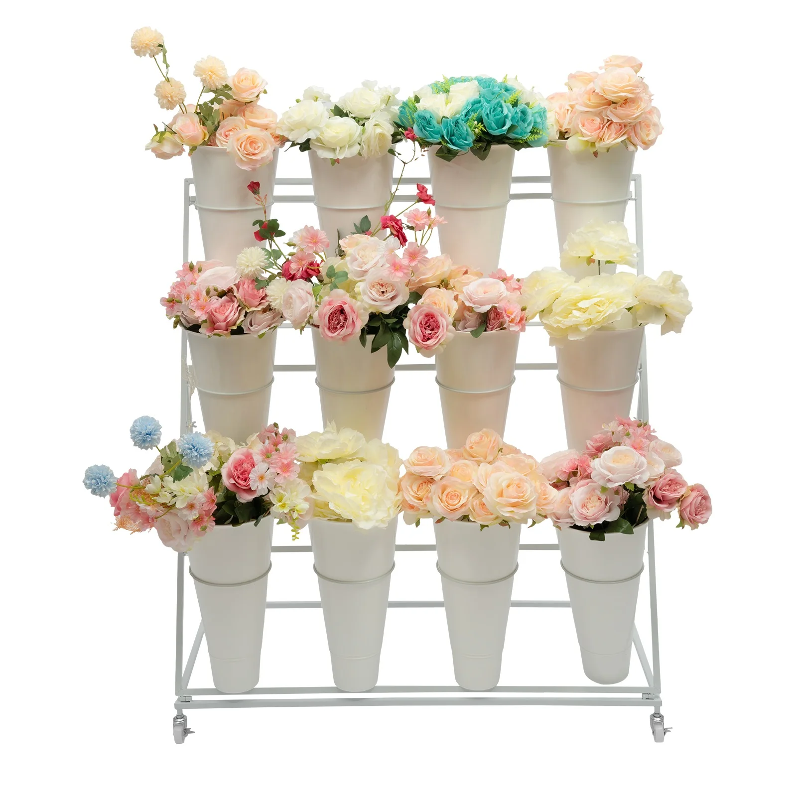 

3 Layers Flower Display Stand Movable Modern Metal Plant Shelf with 12Pcs Flower Buckets & Wheels for Home Garden Patio Balcony