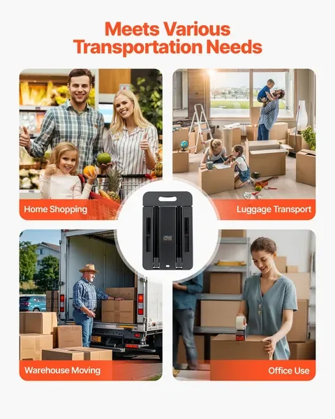 شاحنة يدوية قابلة للطي، سعة 500 رطل، عربة أمتعة قابلة للطي بـ 6 عجلات مع حبال مرنة وقاعدة قابلة للتوسيع، باللون الأسود