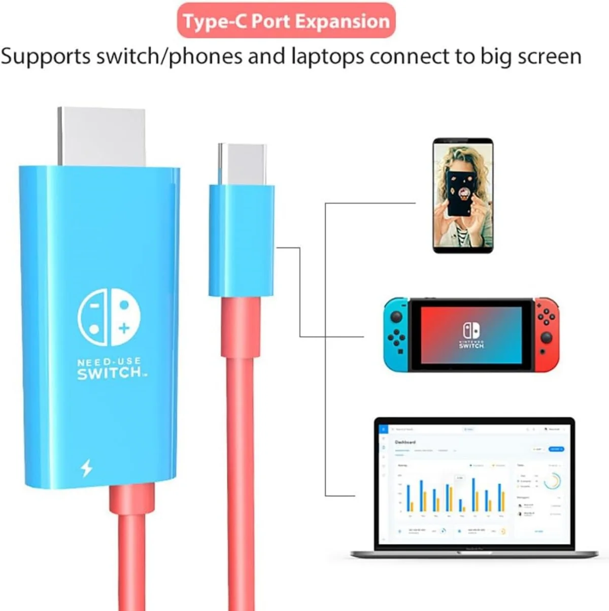 كابل USB إلى HDMI لنينتندو سويتش من النوع C إلى كابل تحويل محول HDMI يستبدل التبديل/OLED لشاشة عرض التلفزيون 1080P