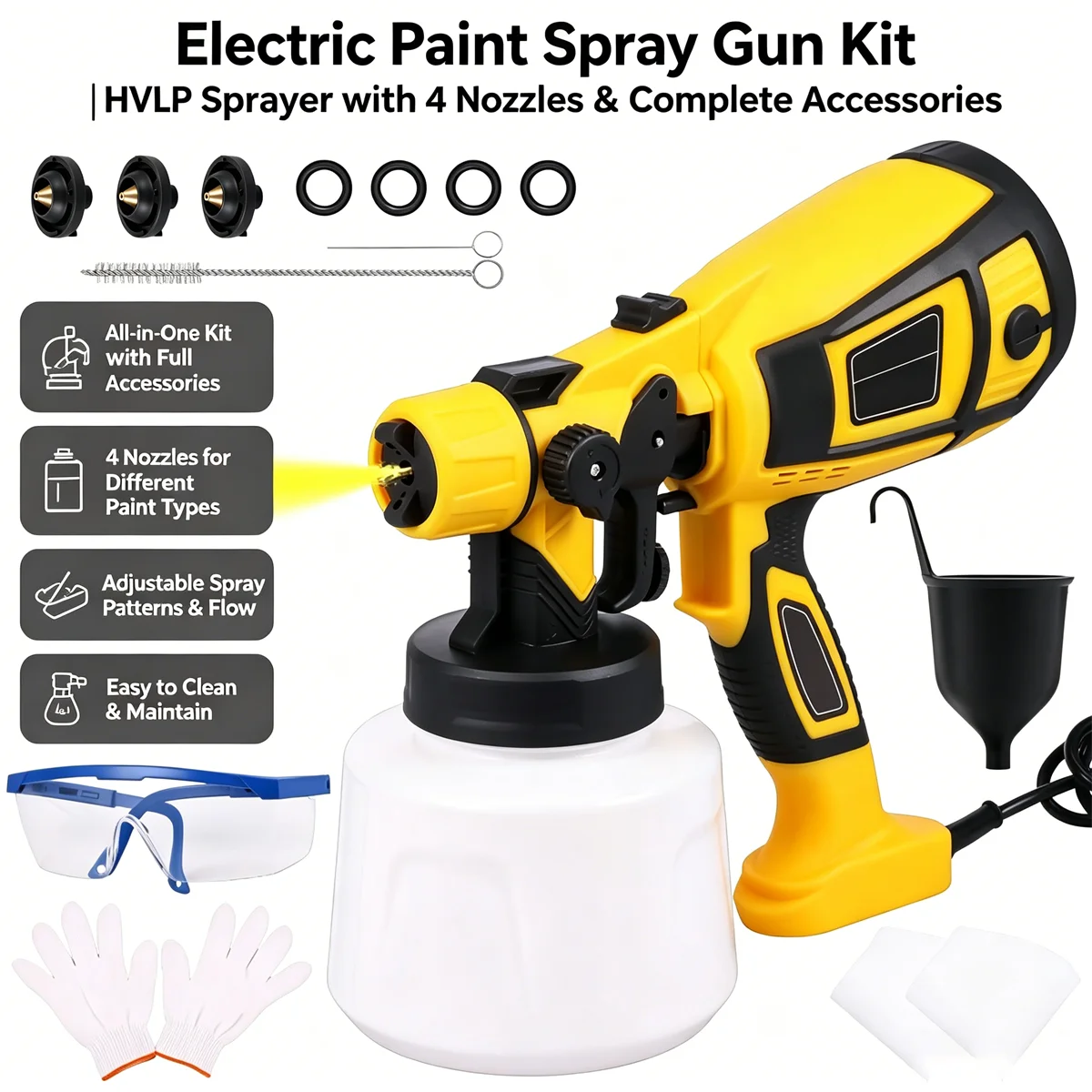 

850W Electric Paint Sprayer Gun with 4 Nozzles 1400ml HVLP Spray Paint Gun for Furniture Fence Wall Car House DIY Painting