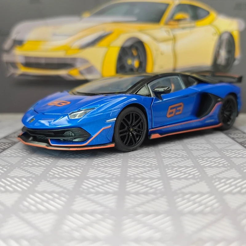 Modelo de coche de aleación Lamborghini SVJ63 a escala 1:32, puertas y capó del motor se pueden abrir, superdeportivo convertible.