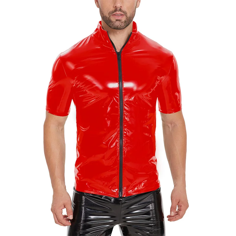 New Men Casual Cardigan Short Sleeved Shirt PVC Glossy Patent Leather Sexy Tight Stretch Latex Outerwear Male Motorbike Clothing