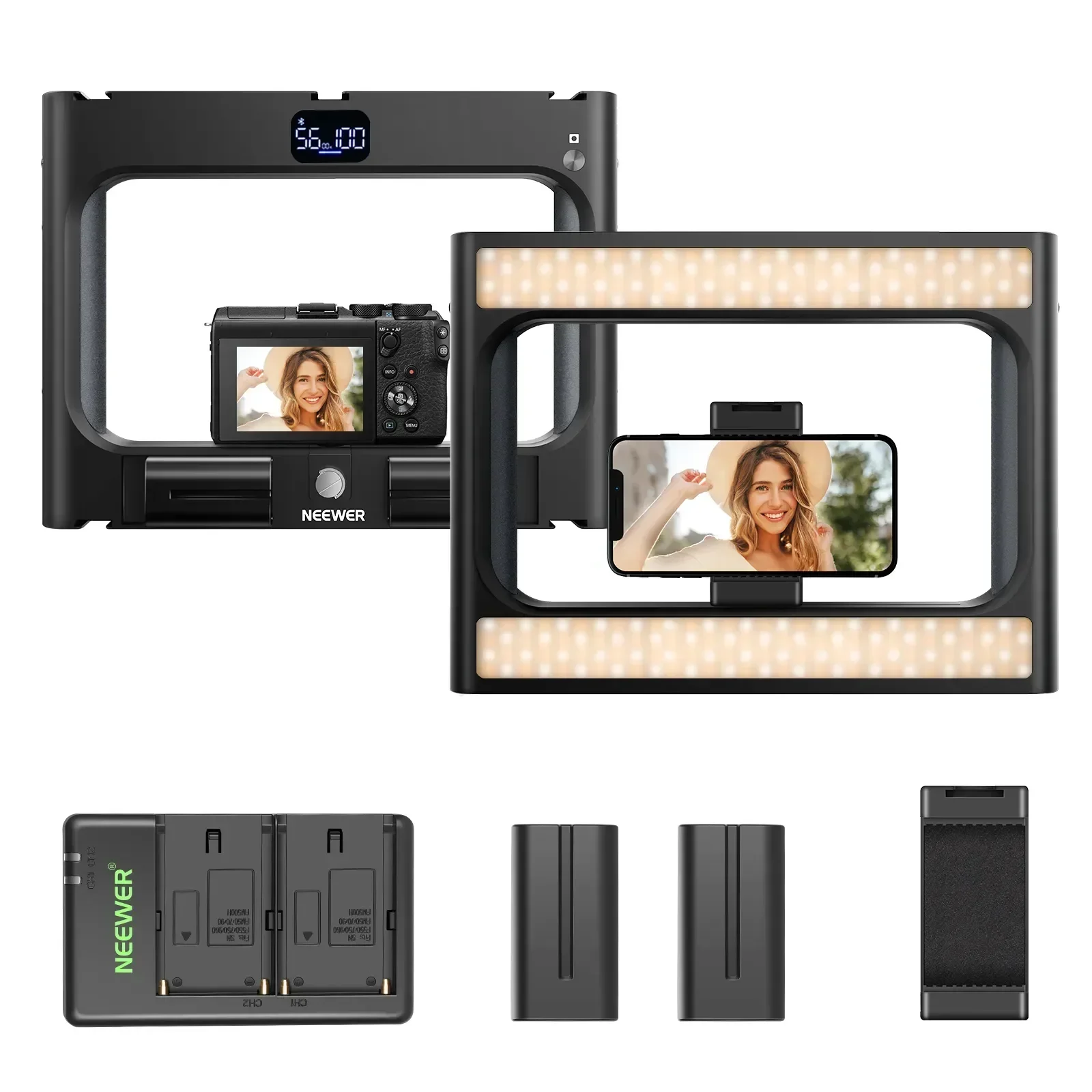 

Neewer LED Ring Light Selfie Light,Smartphone Video Rig & Phone Video Stabilizer, Dimmable 3200K-5600K Light,Batteries/Charger