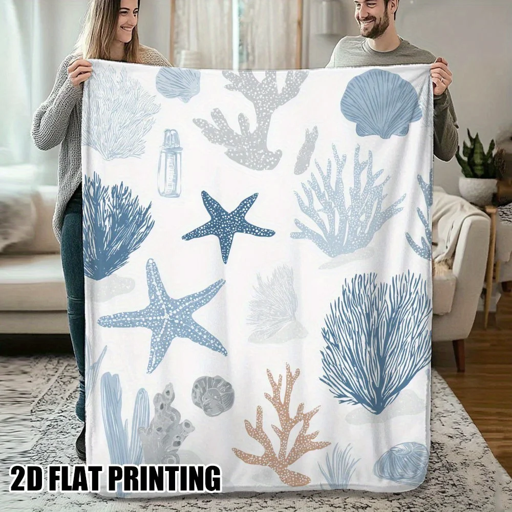 Nautical Shells Starfish Coral Throw Blanket, Soft Cozy Blanket for Couch Bed Sofa, Versatile Seasonal Home Decor