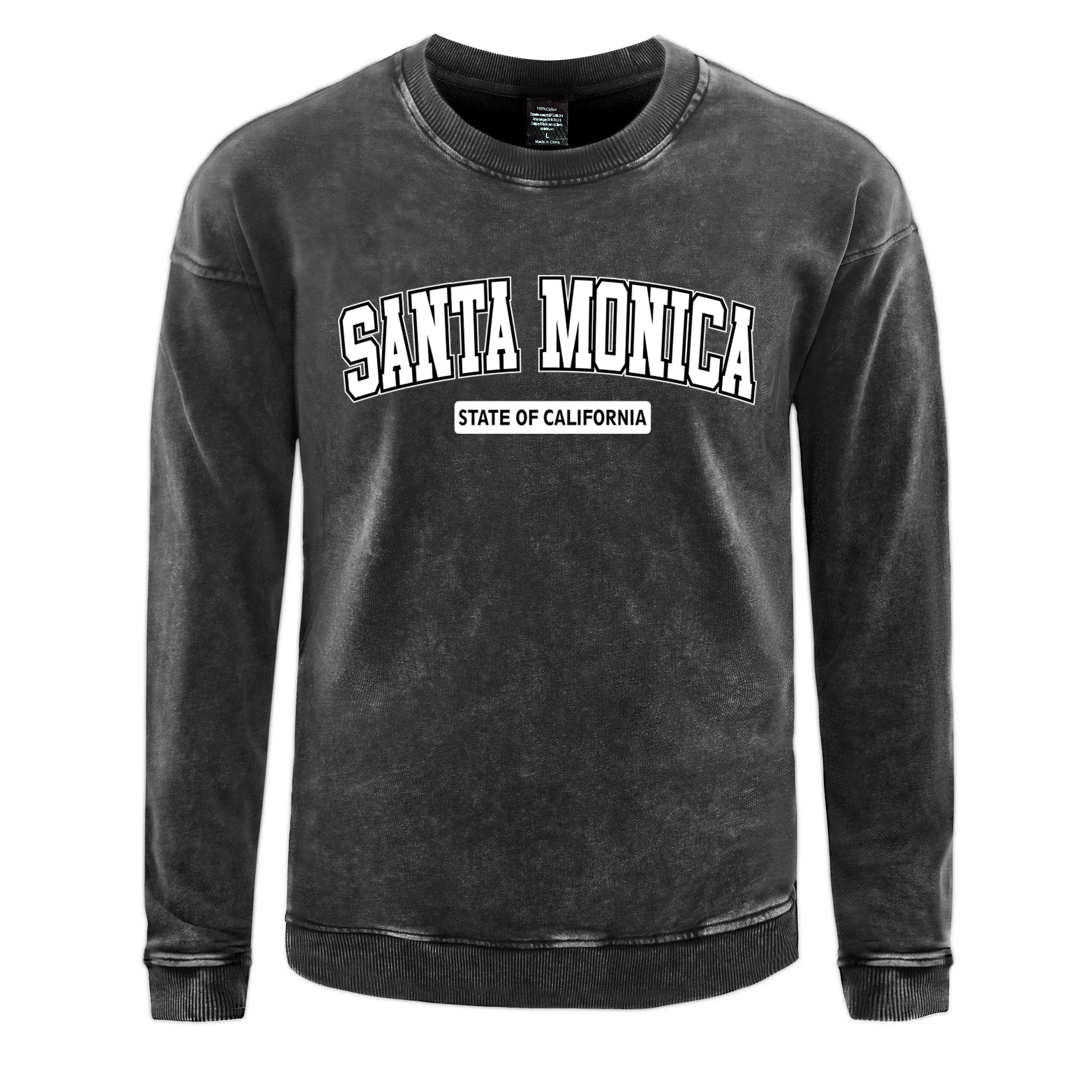 Santa Monica State Of California Men Washed Sweatshirt Oversized Casual Pullover Cotton All-Match Streetwear Warm Clothes