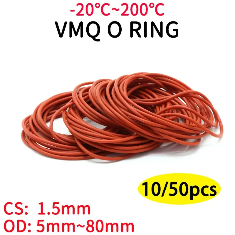 10/50pcs Red VMQ Silicone o Ring CS 1.5mm OD 5 ~ 80mm Food Grade Waterproof Washer Rubber Insulate Round O Shape Seal Gasket