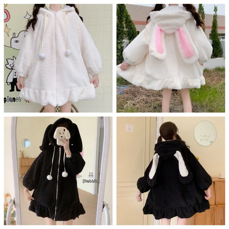 

Kawaii Cinnamoroll Hoodies Women Lolita Winter Warm Fluffy Oversized Coat Cute Bunny Ears Long Sleeve Zip Up Hoody Fleece Jacket