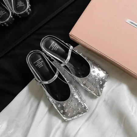 

Women’s Genuine Leather Studded Square Toe Slippers Chunky Heel Single Strap Fashion Outdoor Shoes