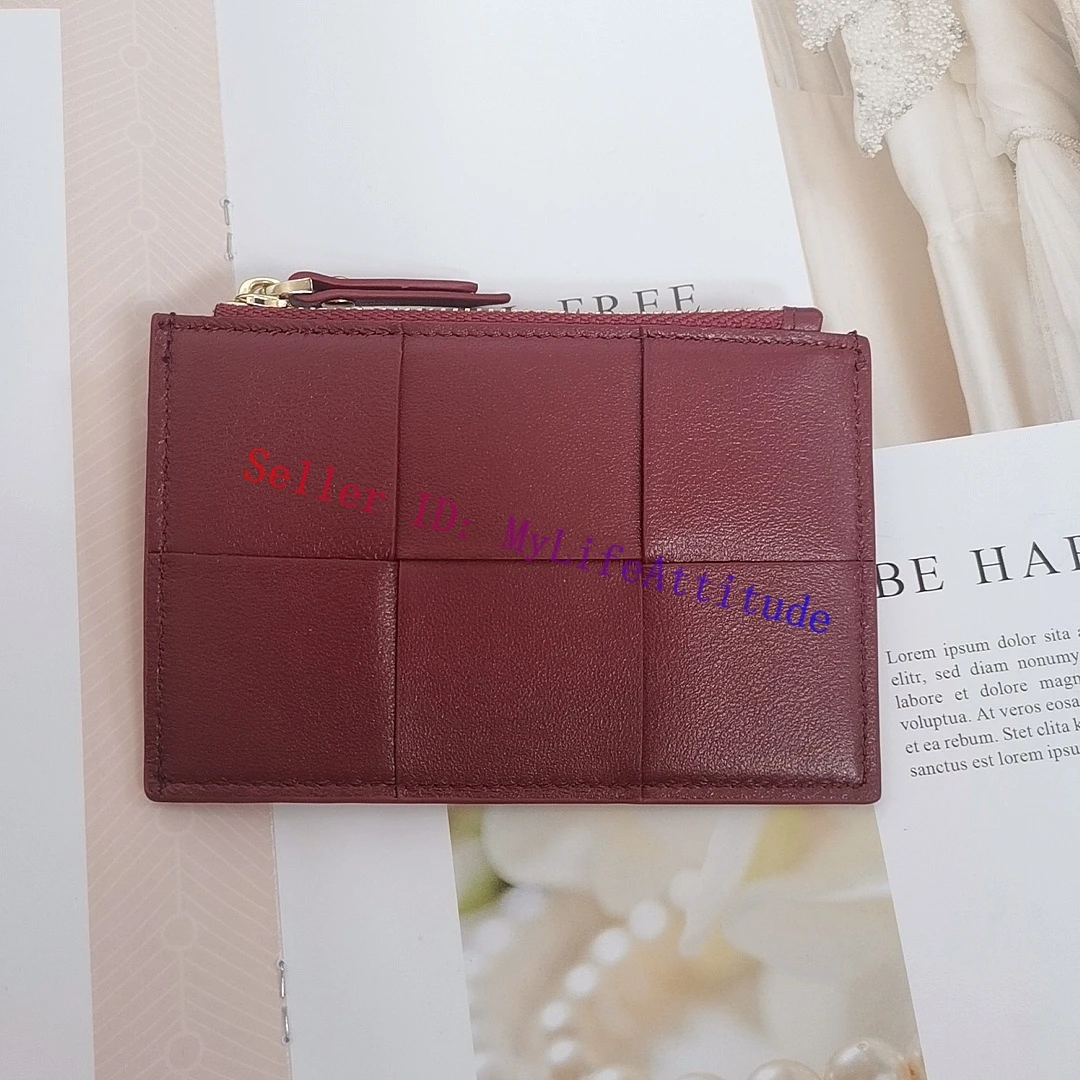 Solid Color Lambskin Zippy Card Holder Coin Purse Compact Wallet Intertexture Weaved Leather