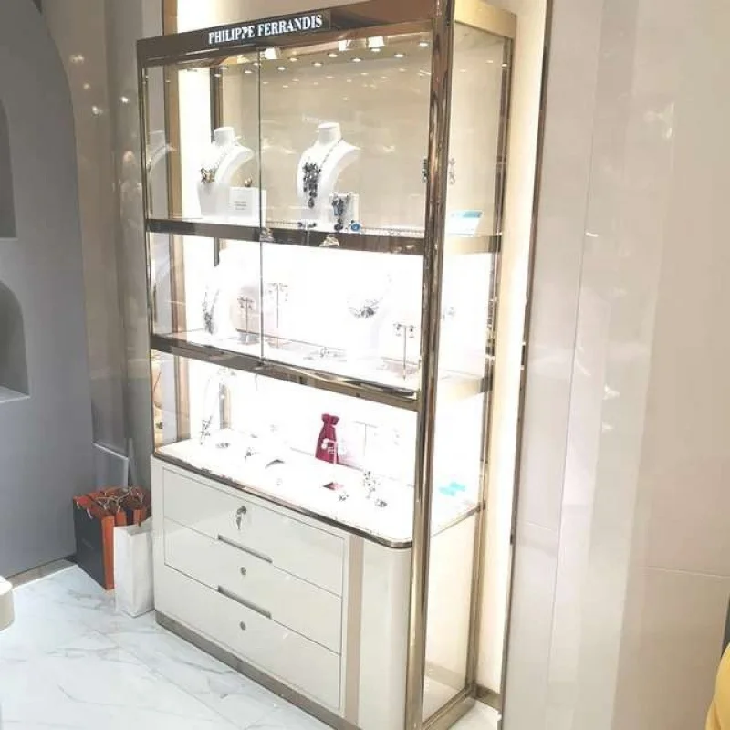 

Custom. stainless steel jewelry shop window showcase with LED lighting display showcase for retail shop