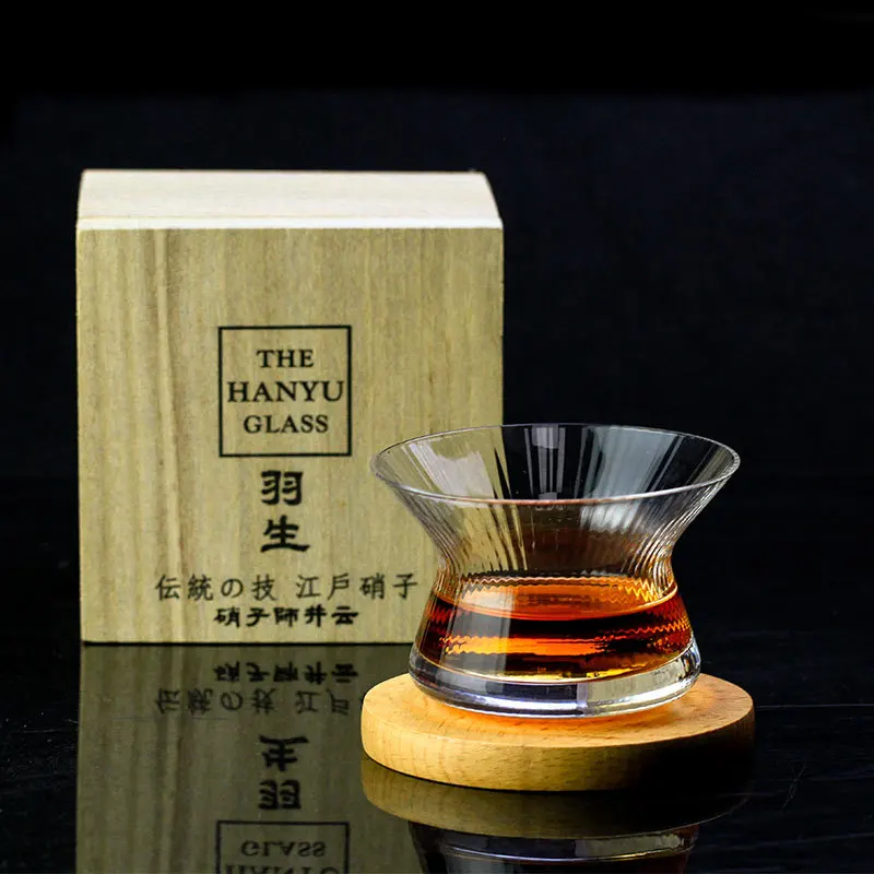 

Neat Japan EDO Crystal Whisky Cappie Hanyu Glass Bowl Cup Rotatable Stripe Barley-bree Wine Glass Brandy Snifter Wood Gift Box