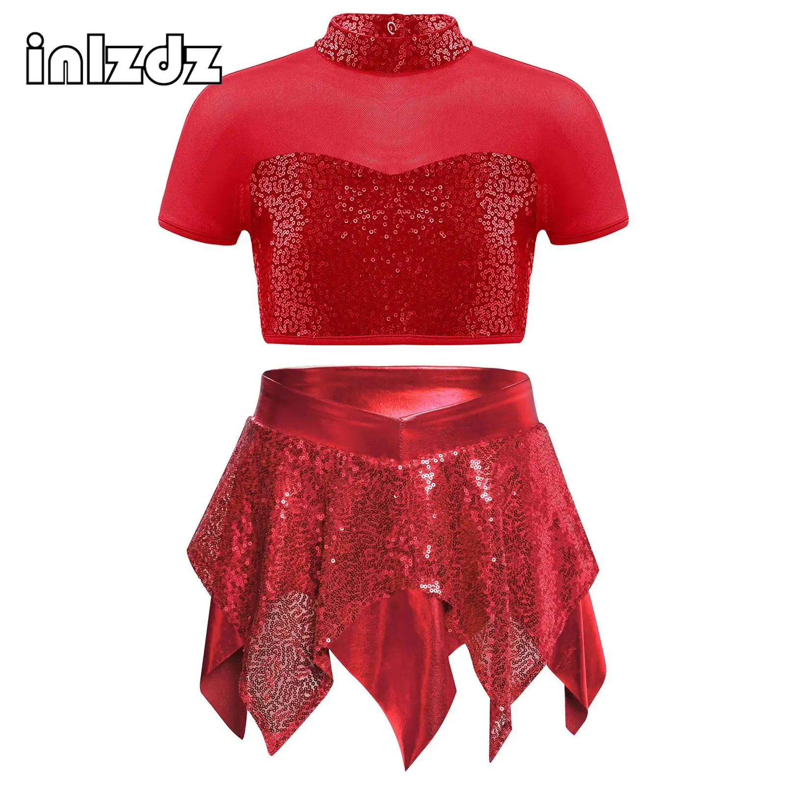 

Kids Girls Jazz Latin Dancewear Outfit Crop Top Mock Neckline Short Sleeve Cutout Back Shiny Sequins with Asymmetrical Skirt